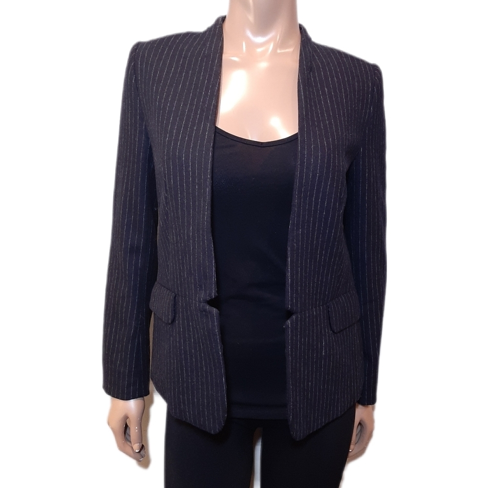 H&M Wool Pinstripe Blazer Jacket Open Front Tailored Career Suit Black Size 6